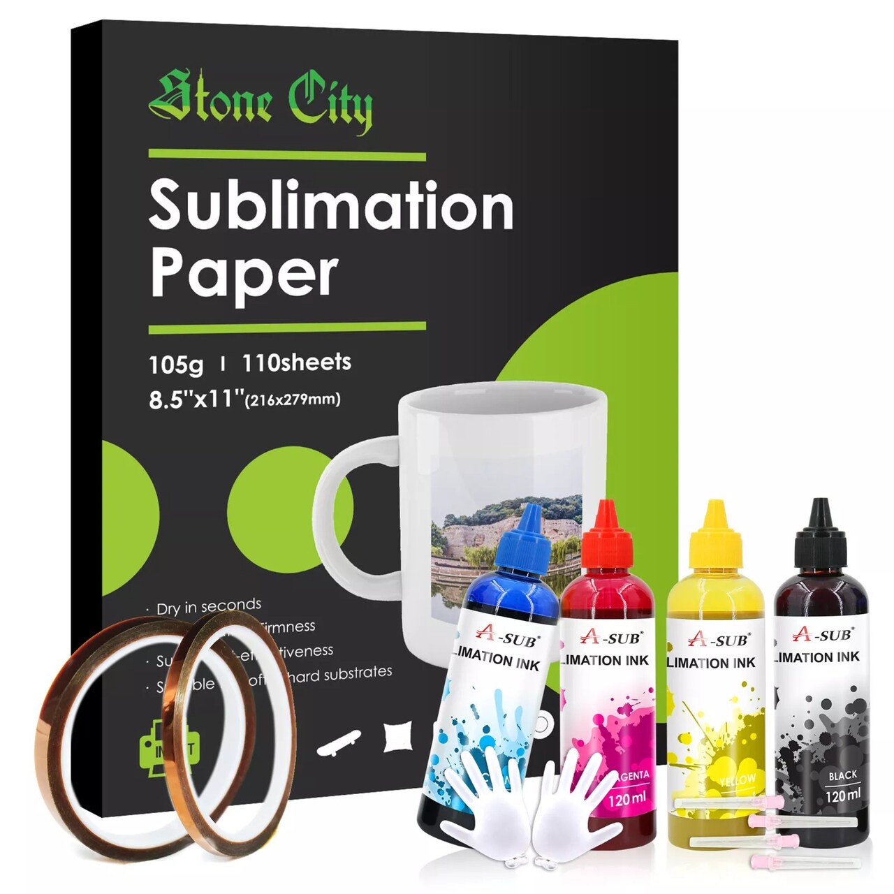 A-SUB Sublimation Bundle - Ink, 8.5x11 Paper & 2 Rolls Heat Tape